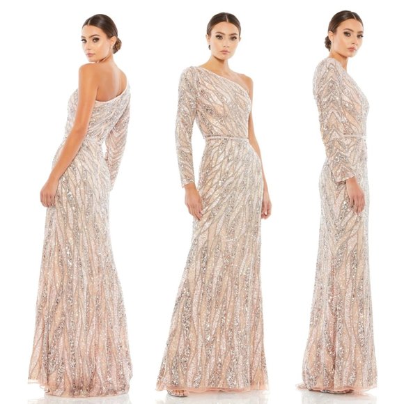 MAC DUGGALEMBELLISHED ONE SLEEVE GOWN W/ SEQUIN BELT #4982